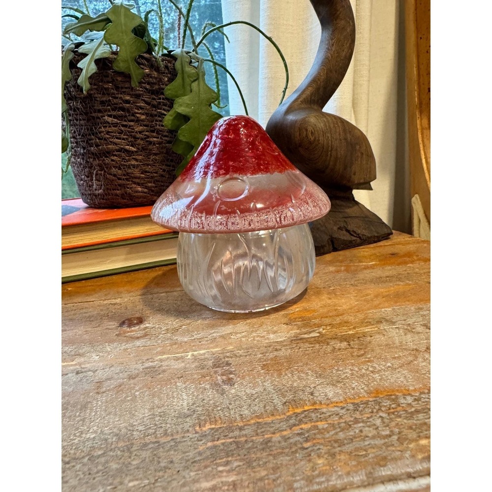 Vintage Red Lucite Resin Mushroom Trinket Jar Clear Ribbed Base Whimsical